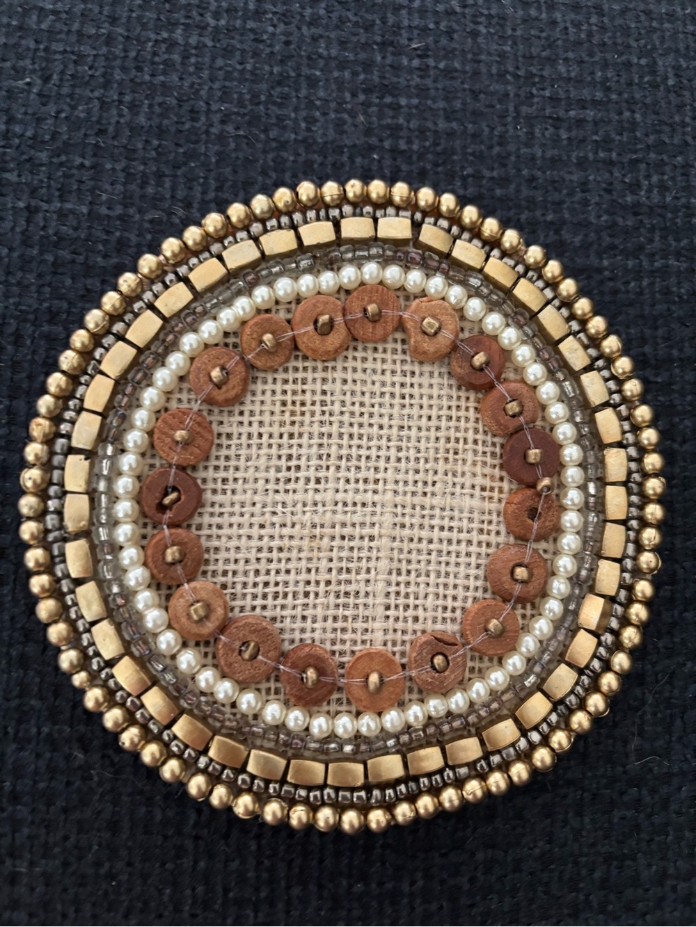 MacKenzie-Childs Brown & Gold Beaded Round Coaster Set, 4 NWT
